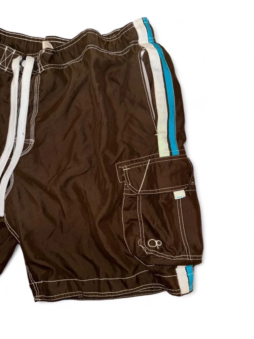 Vintage Y2K OP Men's Brown Swim Trunks with White and Blue Stripes